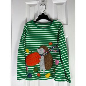 Mini Boden Girls Green Striped Long Sleeve T Shirt Hedgehog Appliqué Shirt Size